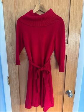 Talbots Red Knit Belted Sweater Dress